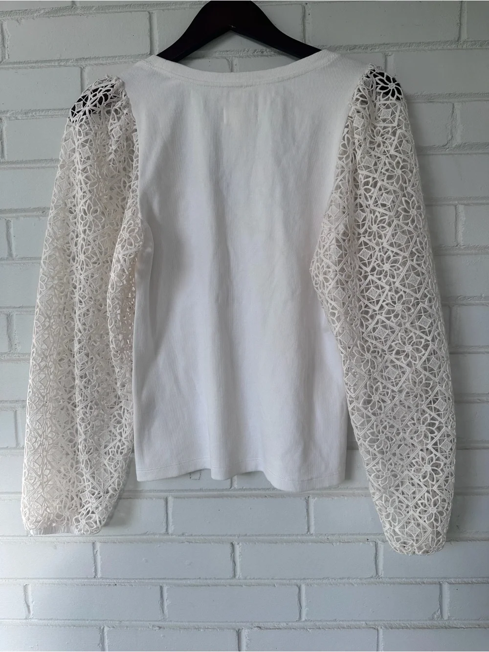 Anthropologie Maeve Lace-Sleeve Ribbed Top - White